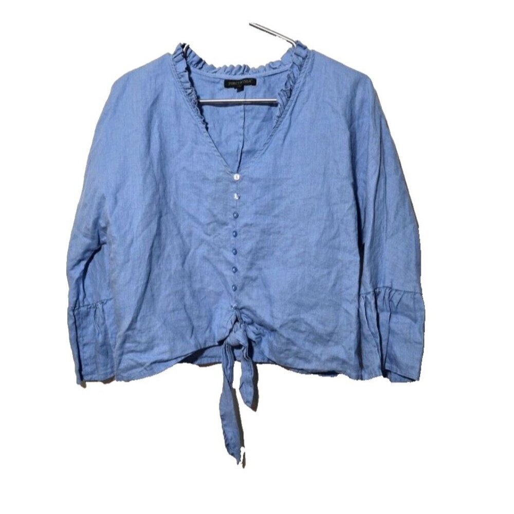 For Cynthia Linen Blouse L Blue Cropped Tie Waste Buttons Ruffles Bell Sleeve